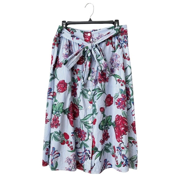 NM Neiman Marcus Midi Skirt Womens Size 8 Blue Stripe Red Rose Tie Front Buttons - Picture 1 of 6